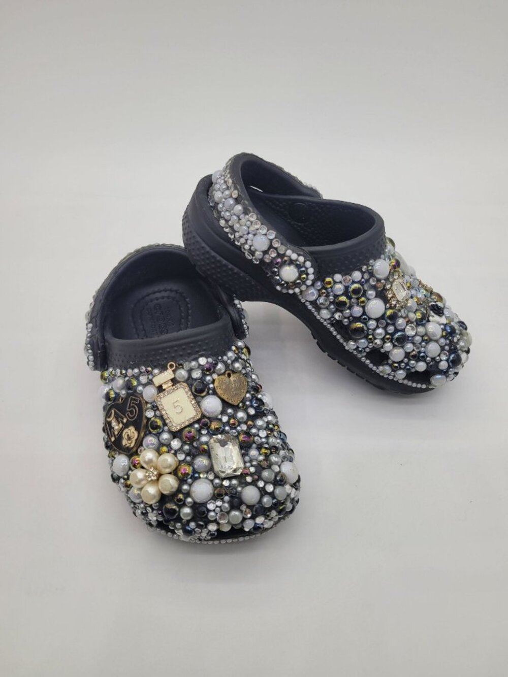 Blinged Jeweled Custom Crocs Rhinestone Pearls Charms No. 5 Black Toddler 7